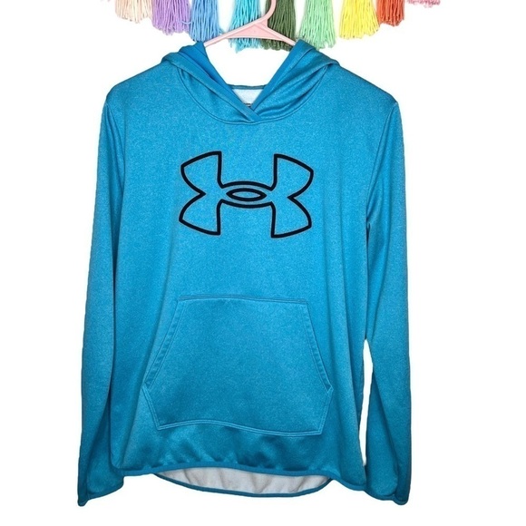 Under Armour Big Logo Blue Pullover Fleece Hoodie Hooded Sweatshirt Size Medium - Picture 4 of 14